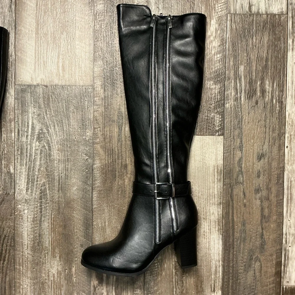 New York & Company Black Over-the-Knee Block Heel Boots with Dual Zippers Size 8